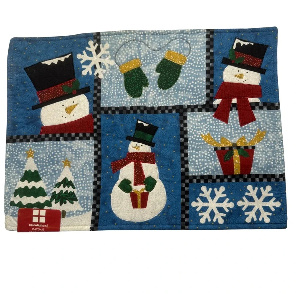 NEW Essential‎ Home Winter Snowman Holiday Placemats Set Of 4 Blue White Cottage